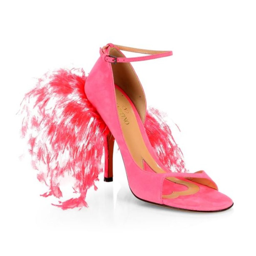 Valentino Garavani Suede/Feather High-Heel Sandal